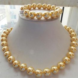 Jewelryr Pearl Set 12mm Gold South Sea Shell Pearl Necklace Bracelet 18''7 5''Set 208P