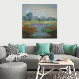 Windsor Blue Field I Handmade Abstract Oil Painting on Canvas with Textured for Living Room Wall Art