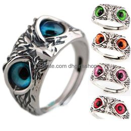 Band Rings Retro Cute Simple Design Owl Ring Mticolor Eyes Sier Color Men Women Engagement Jewelry Gifts Resizable Drop Delivery Dhkyq