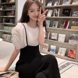 Women's Two Piece Pants Fashion Puff Sleeve Blouses Suspender Pant Summer 2 Pieces Sets Women Casual Sweet Short Tops And High Waist Q114