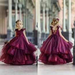 2020 Burgundy Flower Girl Dresses for Wedding Lace Beads 3D Floral Appliqued Little Girls Pageant Dresses Party Gowns Princess Wea270j