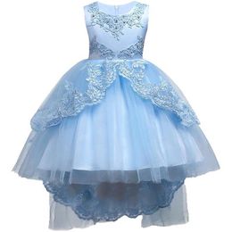 Pretty Lace Blue Puffy Flower Girl Dresses 2018 High Low Lace Appliques Communion Dresses Pageant Dresses For Little Girls mc1458311G