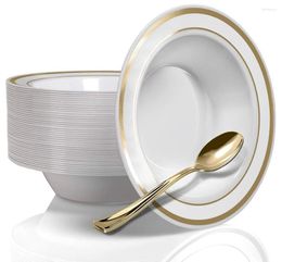 Disposable Dinnerware 100 Gold Rim Plastic Soup Bowls And Spoons Set- 12OZ Desserts Salad Plates For Weddings Parties