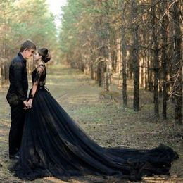 Black Bridal Gowns Country A Line Wedding Dresses V Neck Lace Tulle High Split Gothic Sweep Train Long Sleeve Plus Size293M