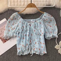 Women's Blouses Sexy Slash Neck Folds Floral Chiffon Shirts Women French Style Puff Sleeve Off Shoulder Short Tops