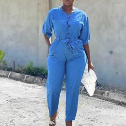Ethnic Clothing Fashion Casual African Clothes For Women Plus Size Solid Short Sleeve Long Romper Jumpsuit Bodysuit Overall Wide Legs