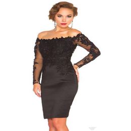 Stunning Short Black Cocktail Dresses Long Sleeve Off Shoulder Lace Satin Sheath Above Knee Length Prom Party Gowns Custom Made240v