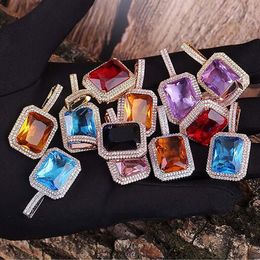 18K Gold Gem Stone Red Blue Purple Black Lab Ruby Pendant Necklace Micro Pave Bling Bling Pendant Hip hop Jewelry252V