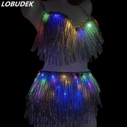 LED Lighting Dance Clothes Sexy Bar Rave Party Silver Tassels Fringes LED Bikini 2-Pieces Outfit Nightclub Singer Dancer Costume233o