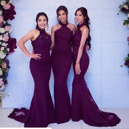 Sexy High Neck Lace Appliqued Mermaid Grape Purple Bridesmaid Dress Cheap Long Wedding Guest Gown Formal Parom Evening Dresses BN0290q