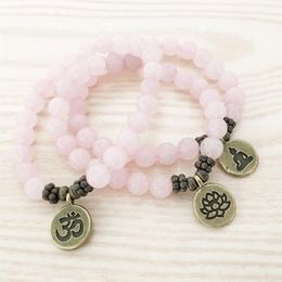 SN1107 Genuine Rose Quartz Bracelet Antique Brass Om Buddha Lotus Charm Bracelet Gift For Her2079