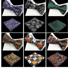 GUSLESON New Design Self Bow Tie And Hanky Set Silk Jacquard Woven Men BowTie Pocket Square Handkerchief Suit Wedding Party266v