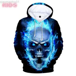 Men's Hoodies Sweatshirts Skull Hoodies Men/Women Hoody Sweatshirt 3D Print Blue Fire Design Skull Hooded Boy/Girl pullover Top Funny Streetwear Kids Size L230721