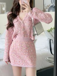 Two Piece Dress Two Piece Dress Set Sweet Cardigan Sweater Slim Skirt Pink Elegant Y2k Mini Dress Autumn Office Lady Casual Knitted Suits 230720