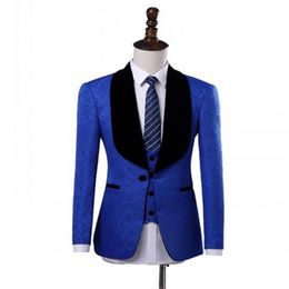 Paisley Groom Tuxedos Royal Blue Mens Wedding Tuxedos Black Velvet Lapel Side Vent Man Jacket Blazer 3 Piece SuitJacket Pants Ves3079