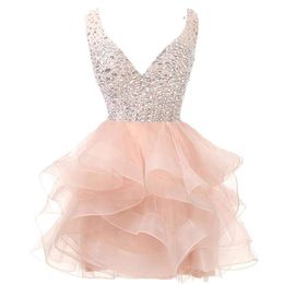 Sweet Sexy Backless Deep V-Neck Crystal Sequins Mini Ball Gown Homecoming Dress With Beading Plus Size Graduation Cocktail Prom Pa175p