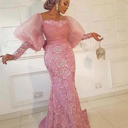 Puff Sleeves Mermaid Evening Dresses Aso Ebi Lace Appliques Prom Dress Plus Size Sheer Neck Formal Party Gowns1728