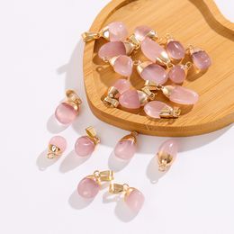Natural Raw Rose Quartz Stone Gold Edged Pendant Pink Crystal Charms for Necklace Earrings Jewellery Making Accessory