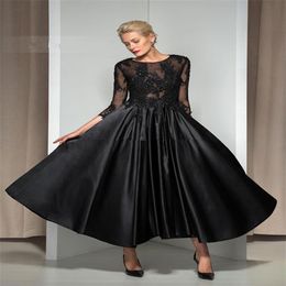 2021 Ankle Length Black Mother of the Bride Dress 3 4 Sleeve Beaded Lace Satin A Line Women Party Gowns Custom Made319b