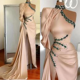 Stylish Pink High Neck One Shoulder Prom Dresses Beads Crystals With Split Evening Gowns Satin Pleats Ruffles Long Vestidos266U