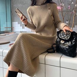 Casual Dresses Woman Slim Design Knitted Dress Femlae Turtleneck A Line Midi Long Sleeve Sweater Ladies Basic G653