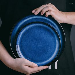 Plates Japanese Kiln Glazed Blue Round Side Plate Ceramic Deep Large Soup Bowl Dish Western El Dinnerware Set