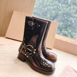 Miui Shoes Boots Harness Belt Buckled Cowhide Leather Biker Knee Boots Chunky Heel Zip Knight Boots Square Toe Ankle for Women Designer Shoes Factory Footwear 927