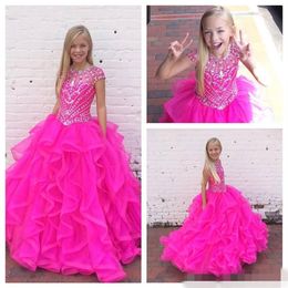 Fuchsia Girls Pageant Dresses with Cap Sleeves and Jewel Neck Tiers Layers Ruffles Organza Ball Gown Girls Holiday Gowns Custom Ma292B