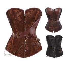 Women Vintage Steampunk Gothic Jacquard Overbust Corset Top with Chains and PU Leather Belts Accent S-6XL Plus Size Brown Black255u