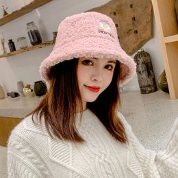 Korean Daisy Embroidery Faux Fur Bucket Hats Winter Women's Hat Thicken Warm Female Cashmere Fisherman Hat Panama Cap Fashion