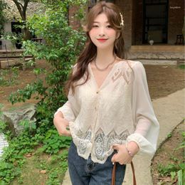 Women's Vests Gentle Style Jacquard Patchwork Hollowed Out Flesh Blocking Lace Sun Protection Female Bubble Sleeve Shirt