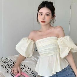 Women's Blouses Sexy Puff Short Sleeve Crop Tops Slash Neck Strapless Blouse Blusas De Mujer Pleated Ruffled Shirts Off Shoulder Slim