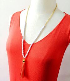 Pendant Necklaces Wave White Beaded Chain Long Fake Leather Tassel Necklace