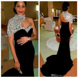 2020 Bling Bling Elegant Black Long Mermaid Evening Dresses High Neck Crystal Beaded Short Sleeves Women Crystal Beaded Formal Pro232Y