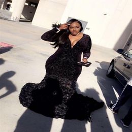 Plus Size Black Prom Dress Mermaid V Neck Bodycon Sweep Train Black Girl African Formal Party Dresses Evening Arabic Pageant Celeb274Y
