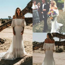 Boho 2021 Summer Beach Wedding Dresses Off the Shoulder Lace Chiffon Mermaid Bridal Gowns Bohemian Custom Made Plus Size250n