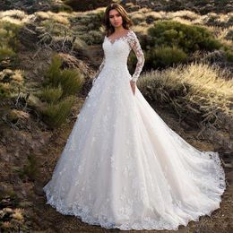 2021 New Dubai Elegant Long Sleeves A-line Wedding Dresses Sheer Crew Neck Lace Appliques Beaded Vestios De Novia Bridal Gowns wit271w