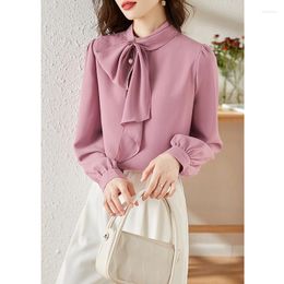 Women's Blouses Spring And Autumn Outfit Lady Bow Temperament Mei Red Tie Loose Foreign Gas Show Thin Contracted 100 Match Blouse