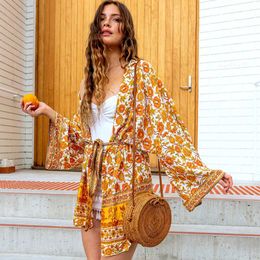 TEELYNN women Cardigan Boho blouse and shirt yellow floral print Kimono sleeve summer blouses beach wear Hippie blouse