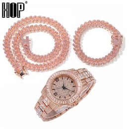 Hip Hop Baguette Watch Necklaces Bracelet 12MM Iced Out Paved Pink Rhinestones Miami Prong Cuban Chain For Women Men Jewellery Chai256g