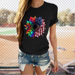 Neuer Stil Unisex Unabhängigkeitstag 4. Juli Sonnenblumenmuster bedrucktes Sommer-Kurzarm-T-Shirt-Oberteil