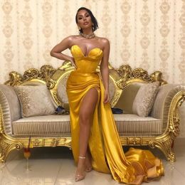 Yellow Gold Sweetheart Satin Mermaid Split Long Prom Dresses Black Girls Ruched Formal Sweep Train Formal Party Evening Gowns250A