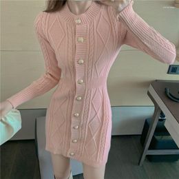 Casual Dresses Autumn Winter Sweet Pink Twist Knitted Single-Breasted Dress Women Vintage Long Sleeve Soft Sweater Mini Female