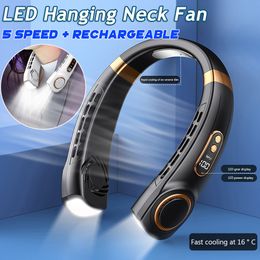 Other Home Garden Portable Neck Fan USB Rechargeable Mute LED Digital Display Leafless Mini Electric with Lights 5 Gear Air Cooling 230721