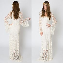 Vintage-Inspired Bohemian Wedding Gown BELL SLEEVE LACE Crochet Ivory or White Hippie Wedding Dress Boho Embroidered Maxi Lace Dre267q