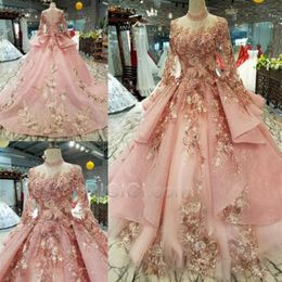 2020 Pink Quinceanera Dresses Embroidery Ballgown Long Sleeves High Neck 3D Floral Lace Applique Chapel Train Organza Sweet 16 Pro2829