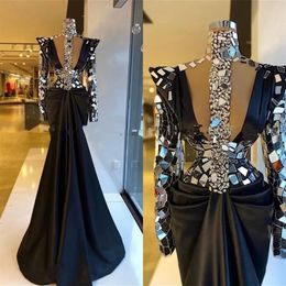 Dubai Black High Neck Crystal Evening Dresses 2022 Long Sleeve African Satin Plus Size Mermaid Formal Prom Party Gowns Robe De Soi332Q