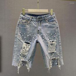 Women's Jeans 2023 Beading Hole Cotton Denim Women Shorts Autumn Straight Tassel Knee-Length Female Clothing Top Quality