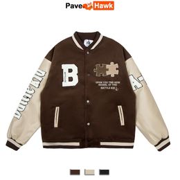 Men's Jackets Vintage Baseball Jacket Men Women Brown Patchwork Letter Flocking Harajuku Coat Unisex Causal Street Bomber Varsity Outwear 230721