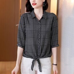 Women's Blouses Spring Summer Lattice Print Women Chiffon Shirts Half Sleeve Polo-Neck Loose Casual Bow-Knot Blusas Tops MM1210